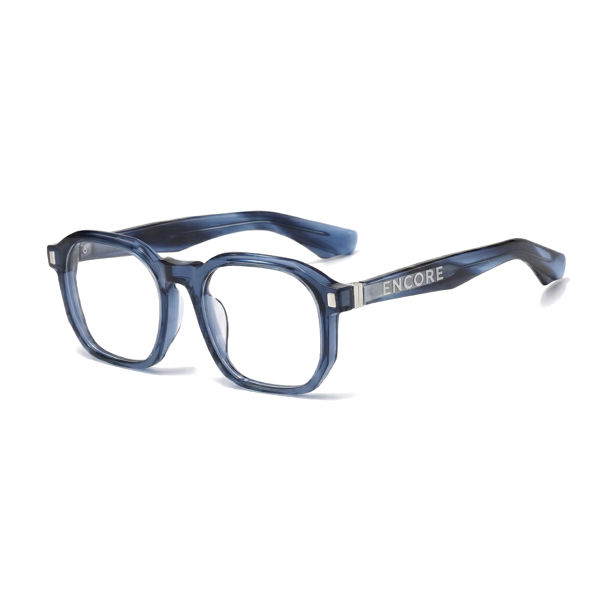Encore Splendor glasses closeup 45-degree view in blue silver frames