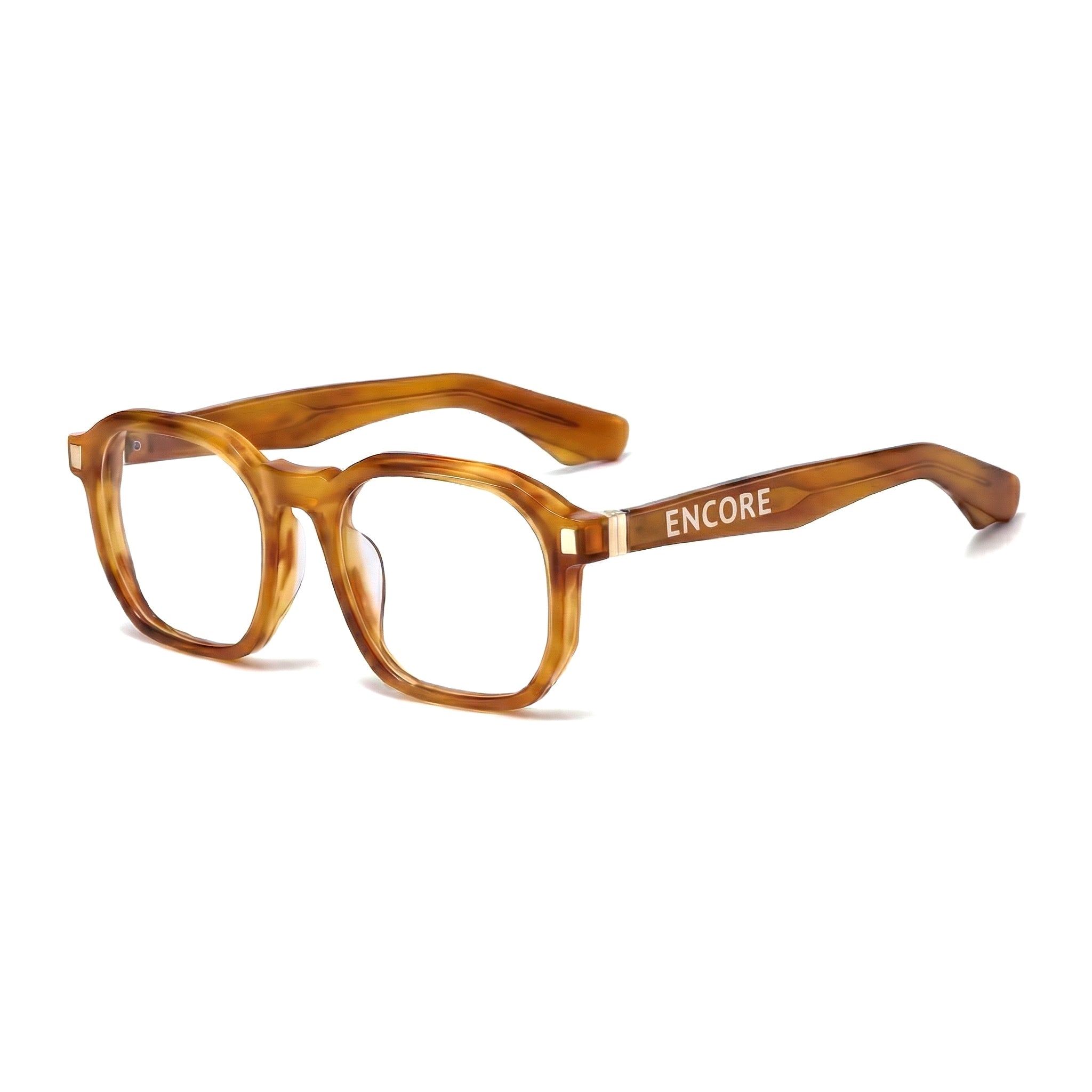Encore Splendor glasses closeup 45-degree view in light brown gold frames
