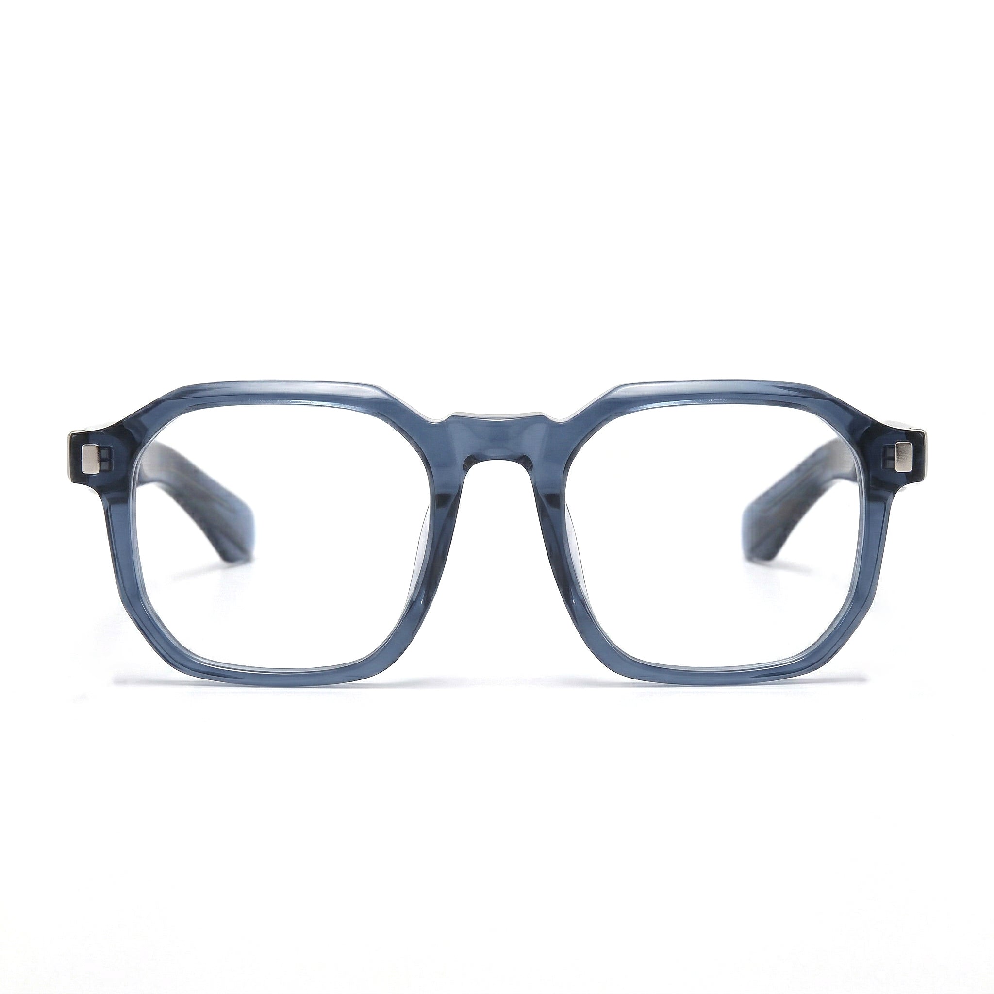 Encore Splendor glasses closeup front view in blue silver frames