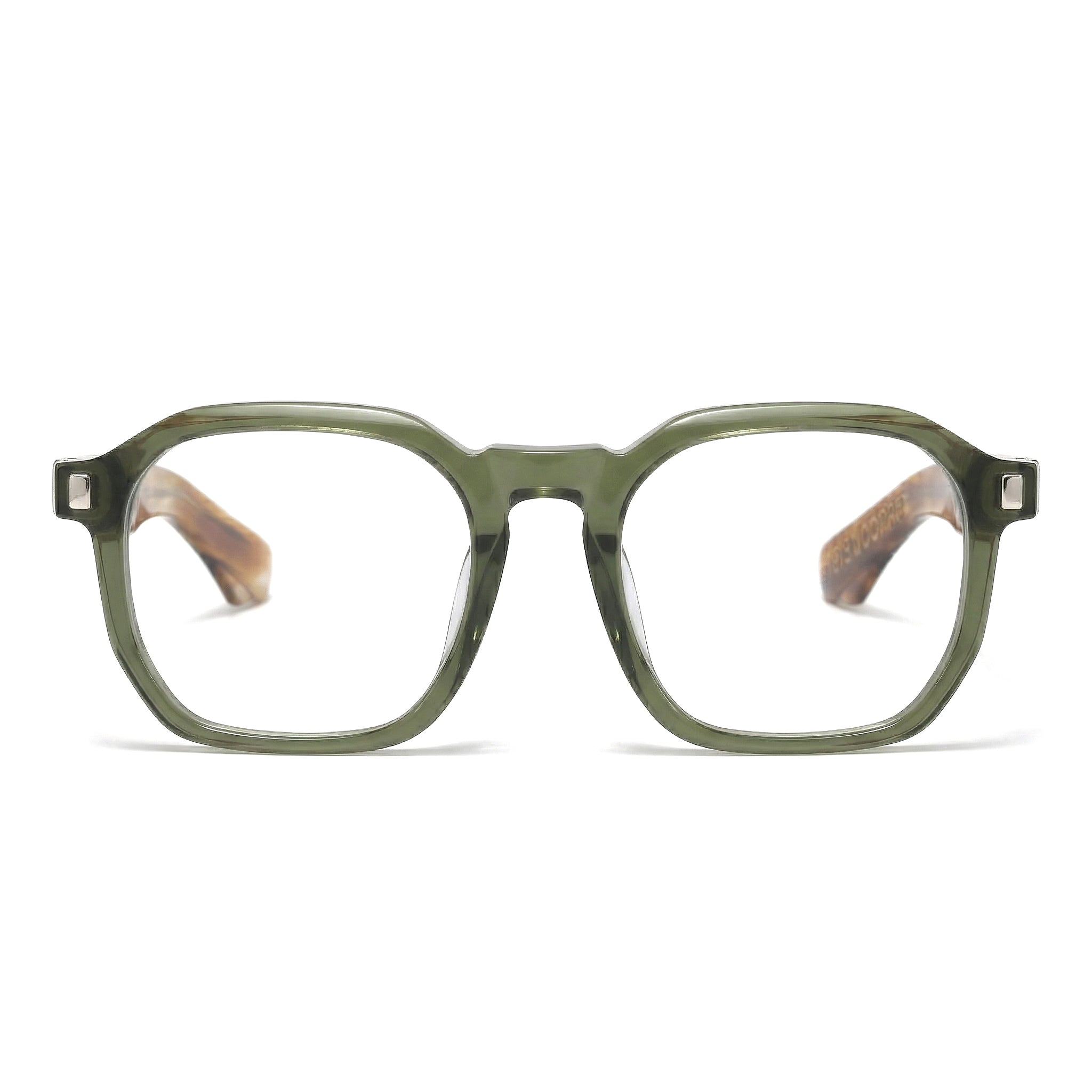 Encore Splendor glasses closeup front view in olive green silver frames