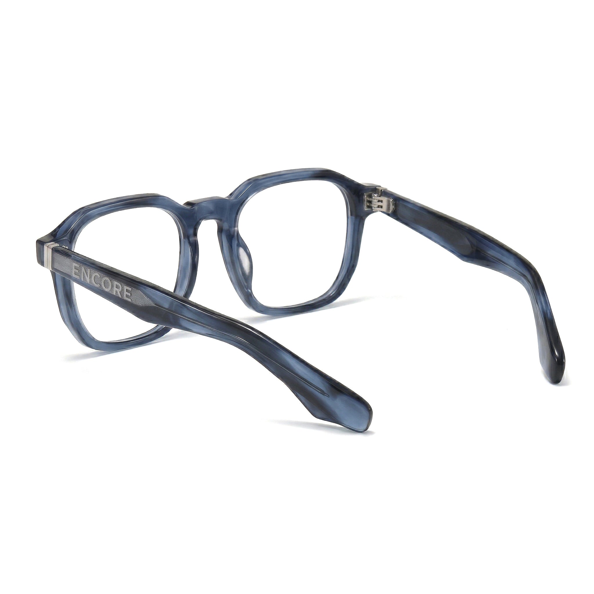 Encore Splendor glasses closeup side view in blue silver frames