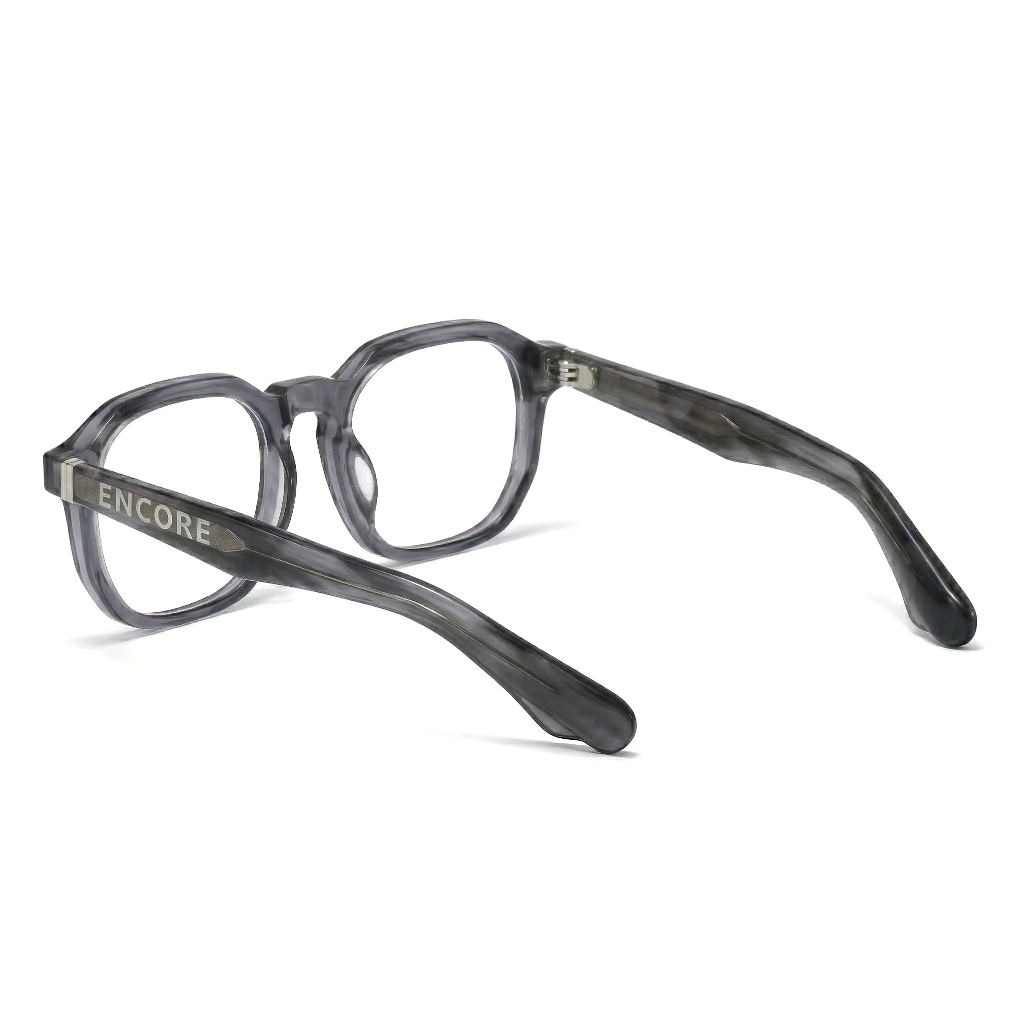 Encore Splendor glasses closeup side view in gray silver frames
