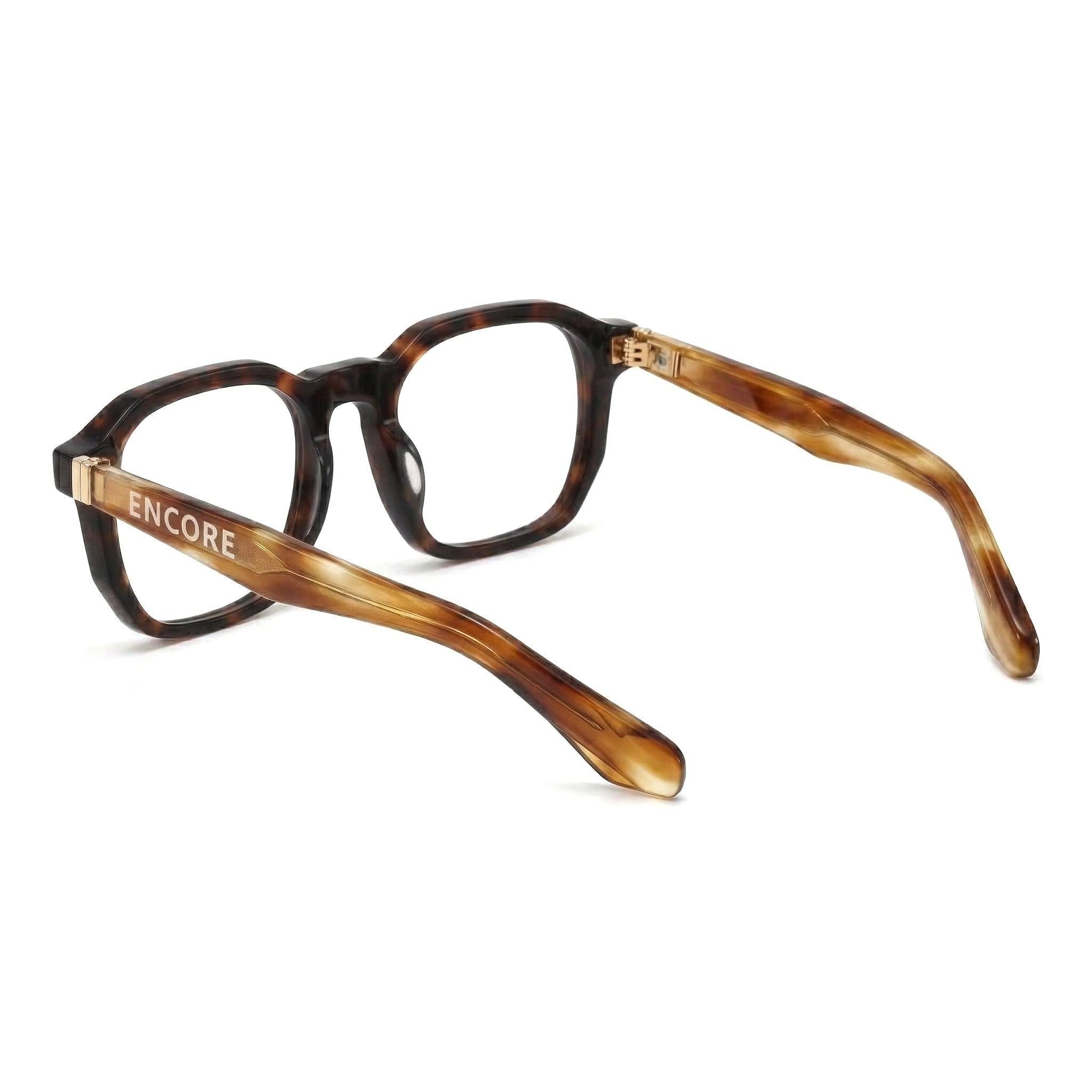 Encore Splendor glasses closeup side view in hawksbill gold frames