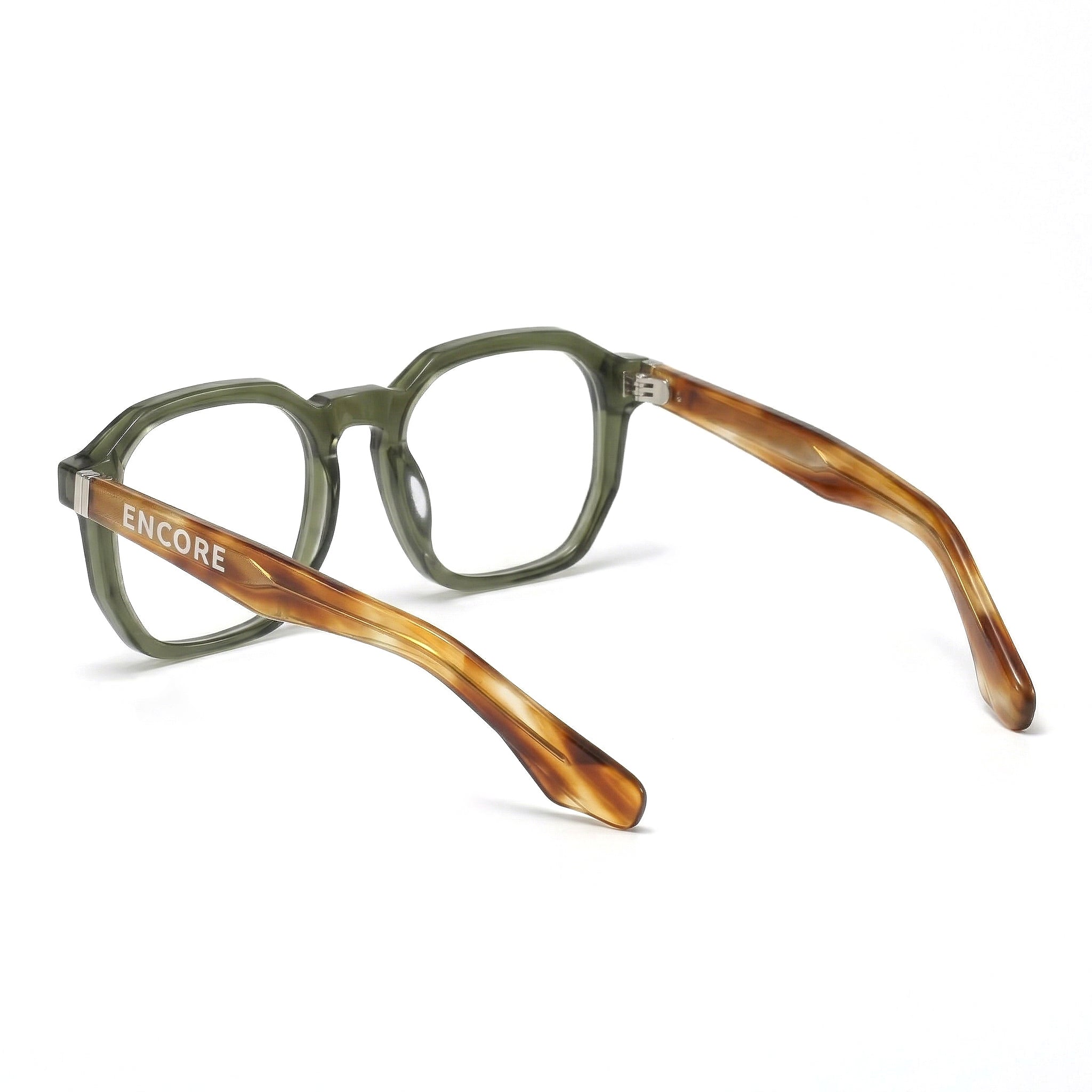 Encore Splendor glasses closeup side view in olive green silver frames