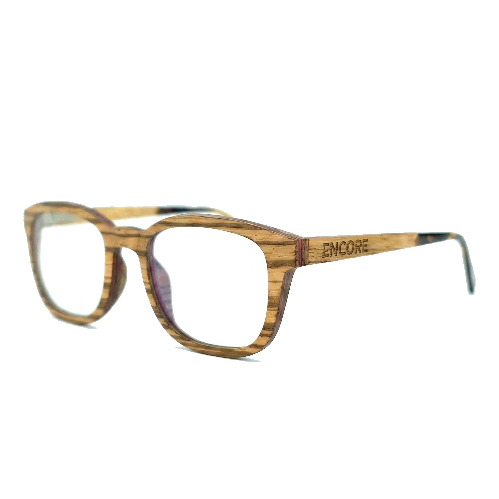 Encore Timeless glasses closeup 45-degree view in zebrawood frames