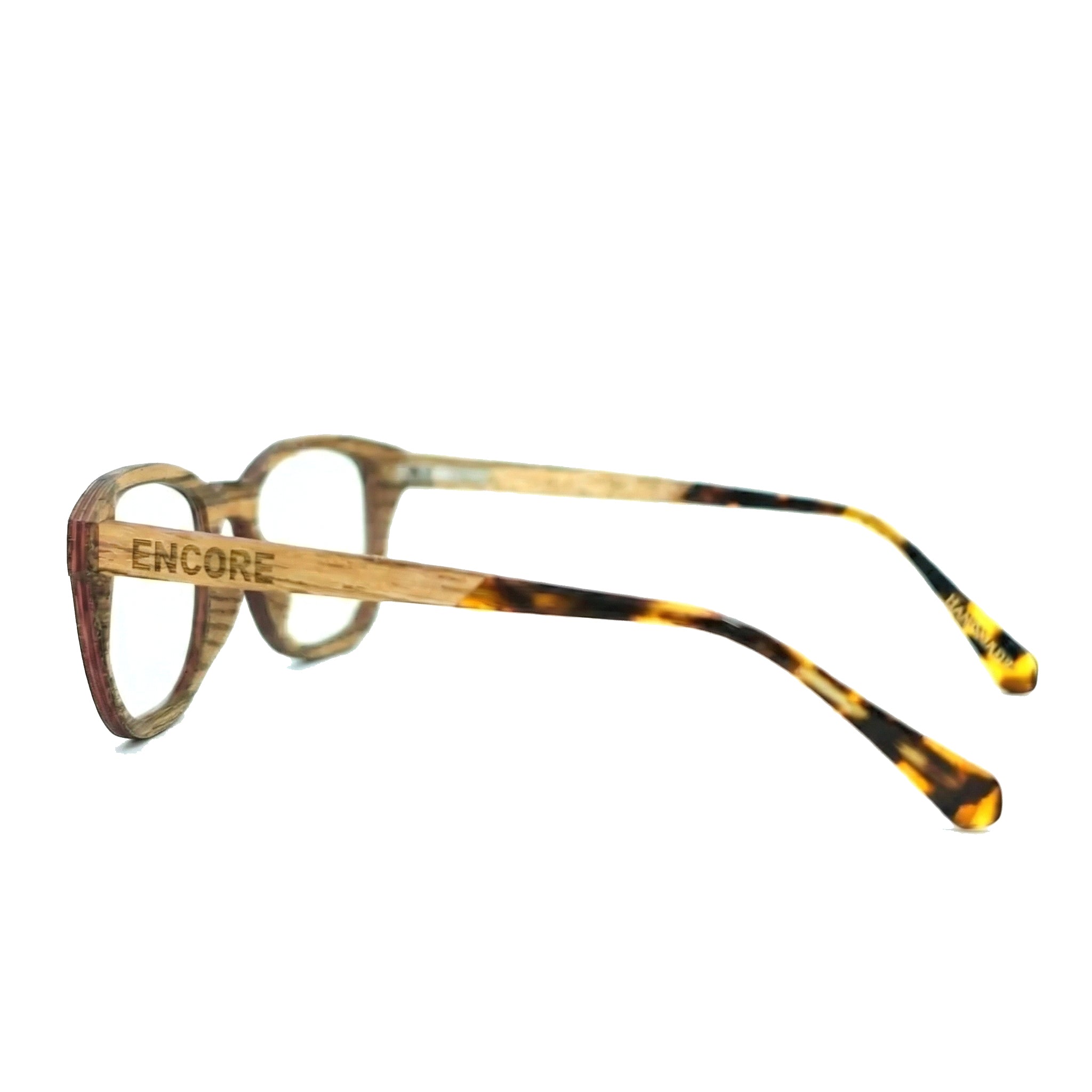 Encore Timeless glasses closeup side view in zebrawood frames