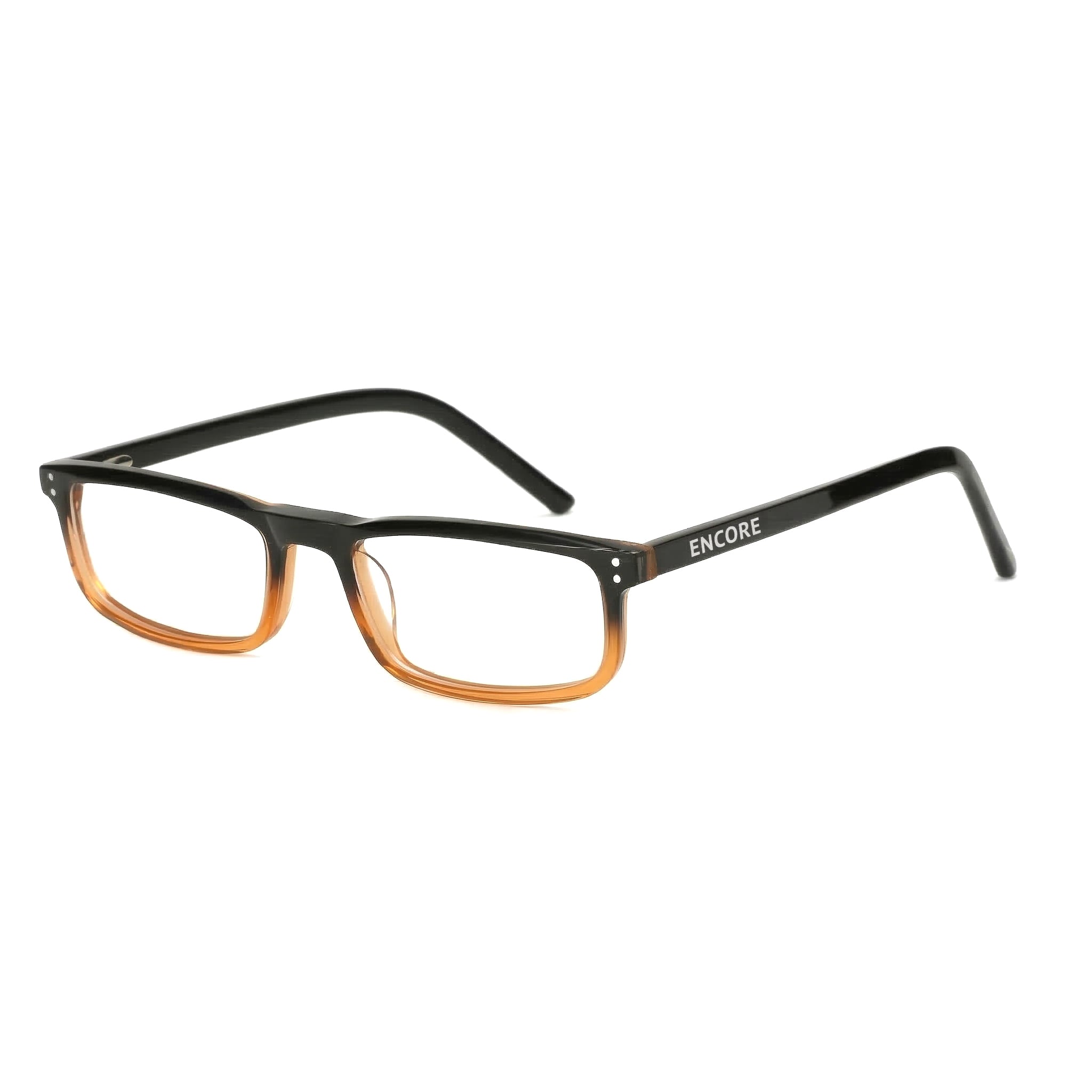 Encore Zenith glasses closeup 45-degree view in black brown frames