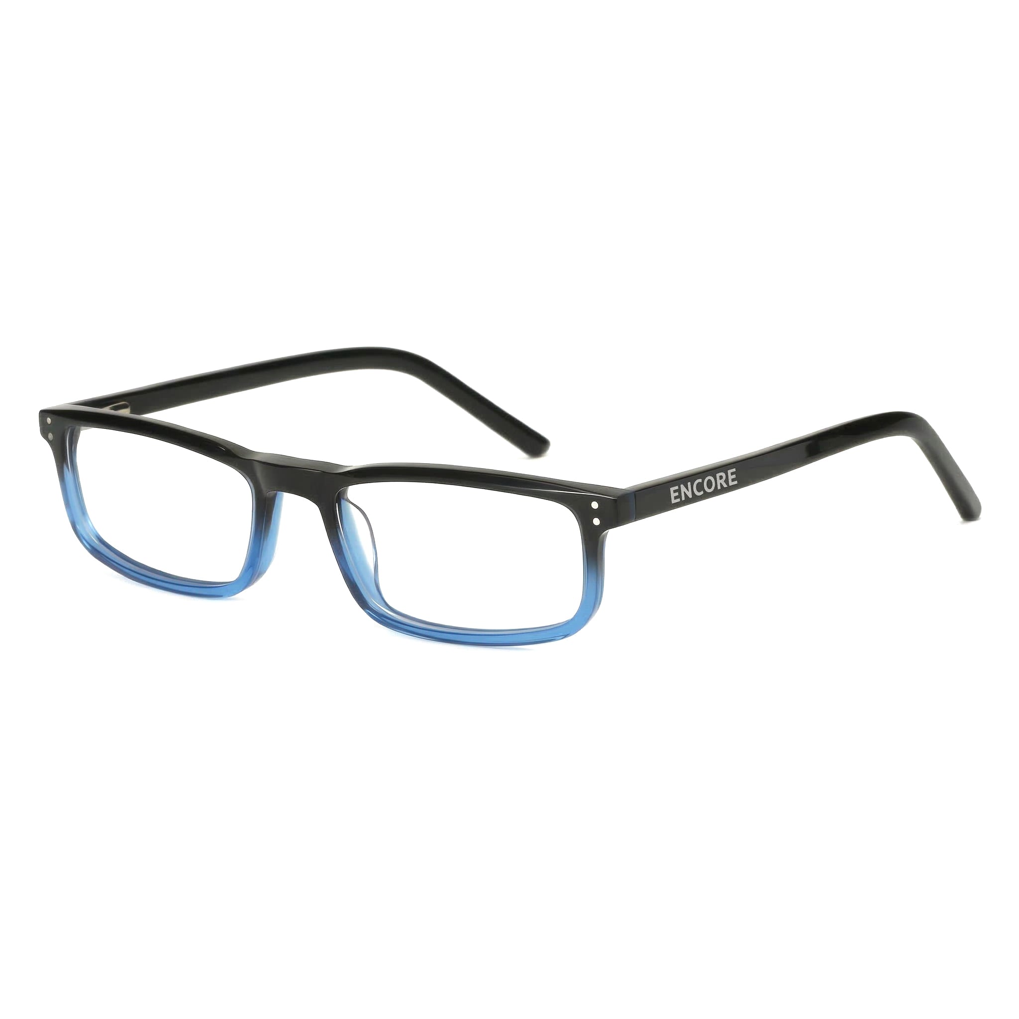 Encore Zenith glasses closeup 45-degree view in blue frames