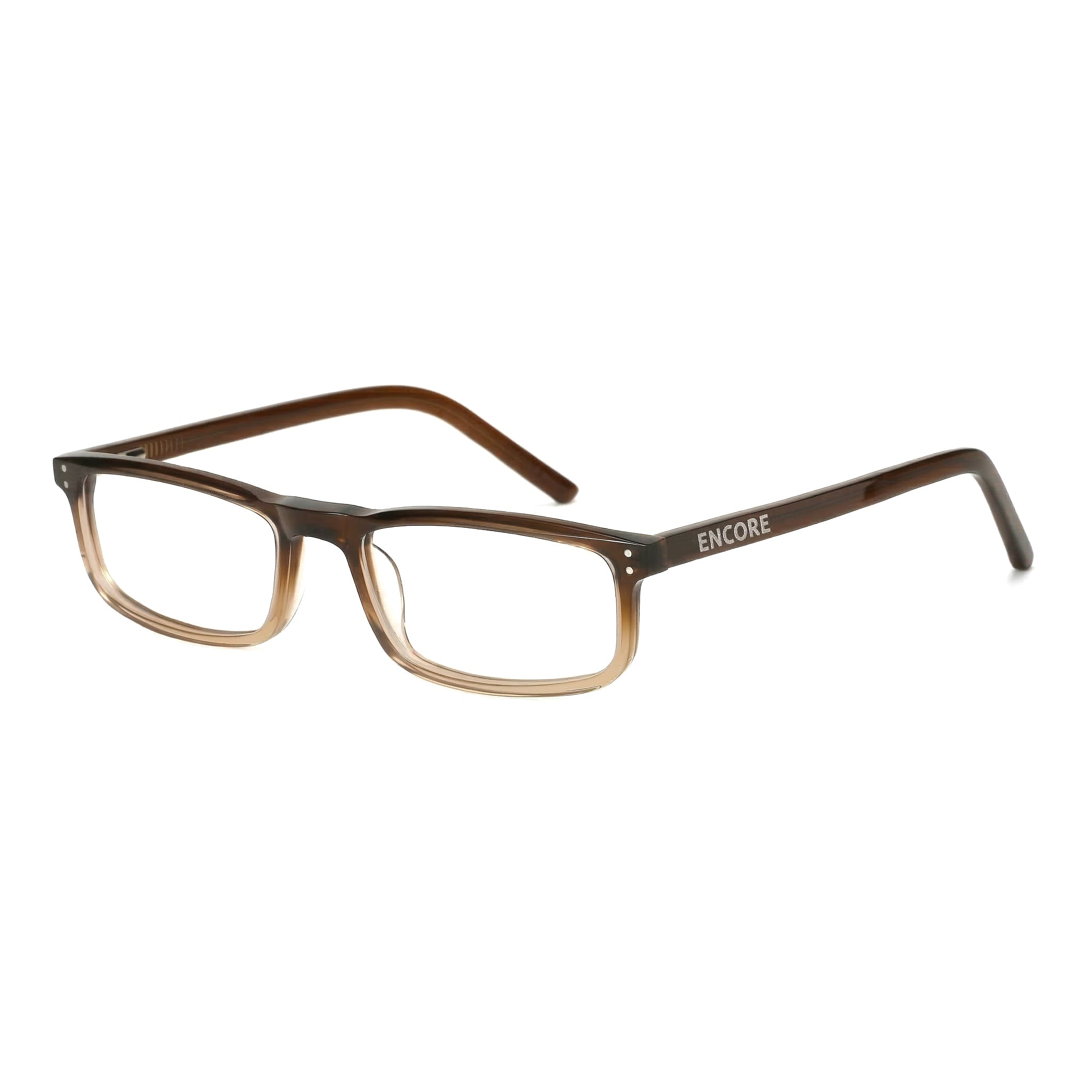 Encore Zenith glasses closeup 45-degree view in brown frames