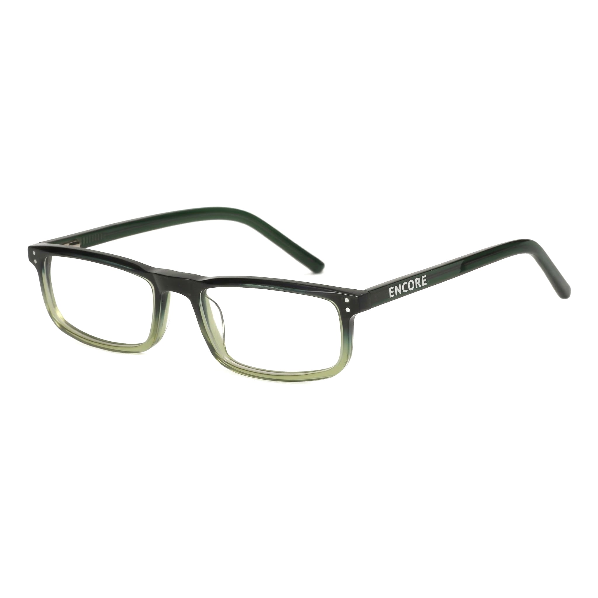 Encore Zenith glasses closeup 45-degree view in green frames